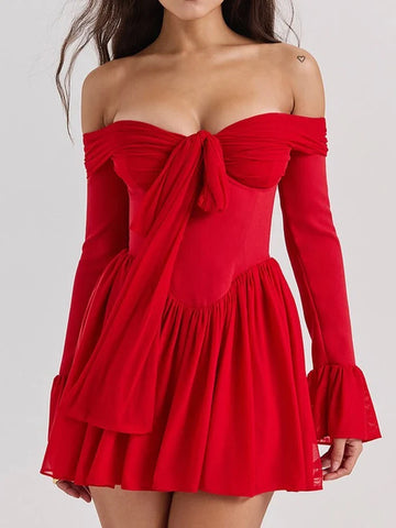 Sonicelife Elegant Strapless Backless Sexy Mini Dress For Women Red Off-shoulder Long Flare Sleeve Pleated Club Party Dress 2024