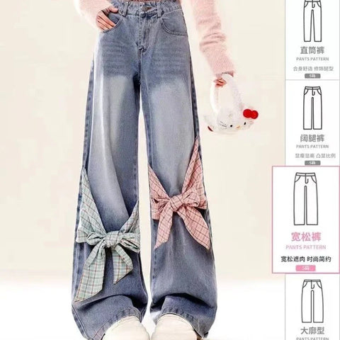 Sonicelife New American retro gothic checkered patchwork women jeans with bow tie and loose bandwidth Y2k streetwear wide leg pants