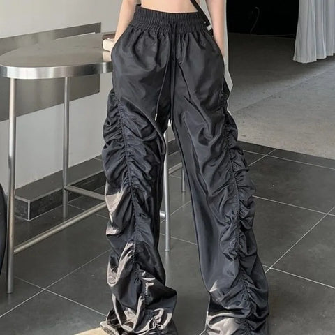 Sonicelife Street Vintage Ruched Black Cargo Pants 2024 Summer New Straight Wide Leg  Y2k E-Girl High Wiast Loose Trousers Women