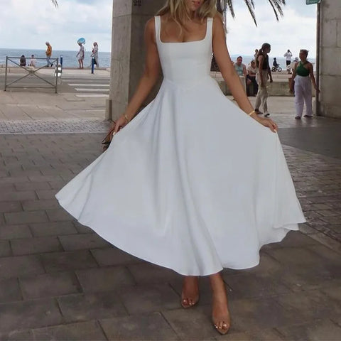 Sonicelife Dress Women Summer Sexy Long Dresses Slim Fit Solid Square Collar Sleeveless Backless Tight Waist Temperament Camisole Vestidos