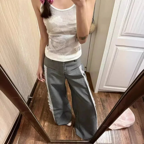 Sonicelife American Retro Sweet Gray Pants for Women 2024 Autumn New Lace Patchwork Trousers Y2k High Waist Loose Wide Leg