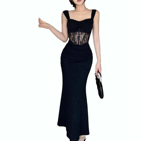 Sonicelife Women's Long Dresses 2024 Spring Fashion Hundred Hot Sweetheart Lace Splicing Design Halter Dresses Women