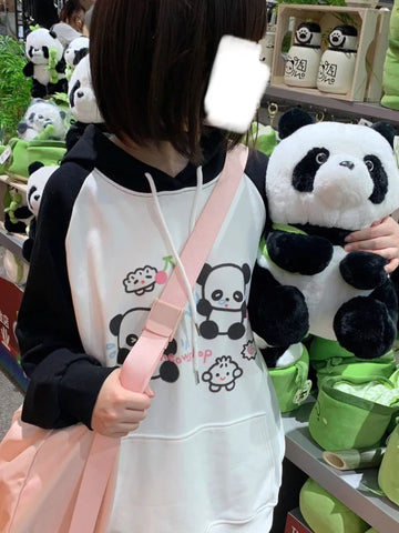 Black Friday Sonicelife Kawaii Panda Print Hoodies Women Anime Long Sleeve Sweatshirt Female US(Origin) Style Oversized Streetwear Cutecore Clothes