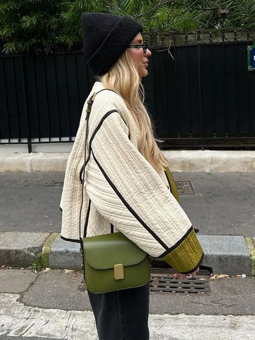 Back To School Sonicelife Women Elegant Patchwork Stand Collar Coats Fashion Contrast Single Breasted With Pocket Loose Jacket 2024 Autumn Lady Chic Coat