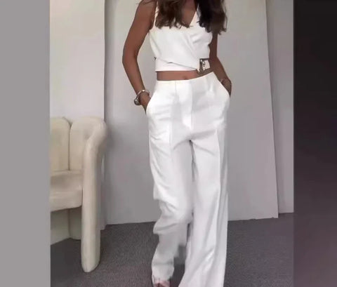 Sonicelife Women Two Piece Pant Sets Slim Fit Sleeveless Vest V Neck High Waist Pants Pockets Solid Regular Elegant Splice Summer