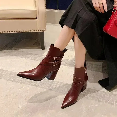 Sonicelife French Pointed Toe Thick Heels Sexy Belt Buckle Short Boot Retro Chunky High Heels Platform Casual Ankle Boots Pumps 2024