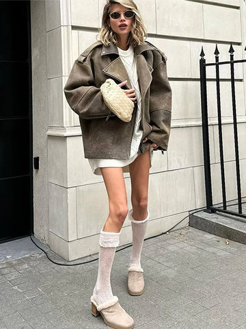 Sonicelife Casual Lapel Zipper Long Sleeve Women's Coats Vintage Loose Commuting Fashion Jackets Autumn Winter Female Office Street Outwear
