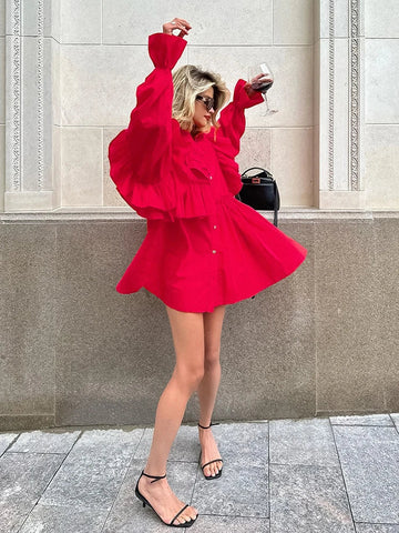 Sonicelife hoco dresses 2024 Winter Spring Women Solid Red Mini Shirt Dress Office Ladies Ruffles Long Sleeve Loose Fit Dress For Women