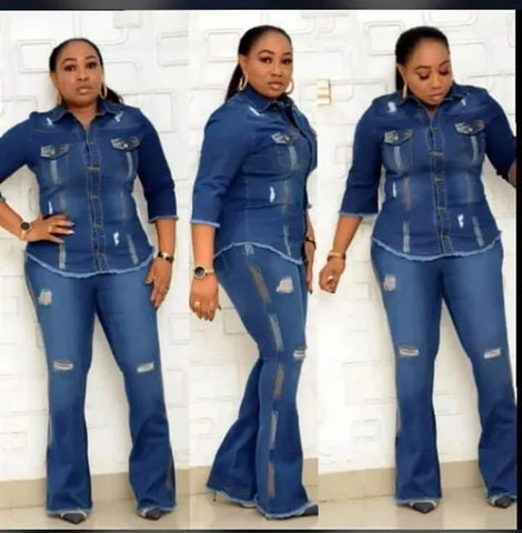 Sonicelife Two Piece Set Women Cowboy Suit Jean Jacket Single Breasted Turndown Collar Hole Flare Pants Female Outfits Casual Ensemble