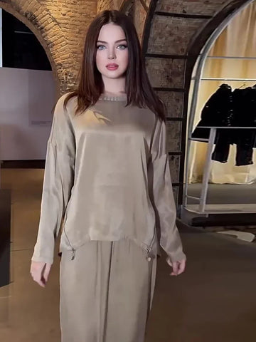Sonicelife Women Eid Satin Muslim Sets Solid Side Zipper Shirt Skirt Ramadan Dubai Outfits Arab Two Pieces Dress Abaya Kaftan Suit Robe