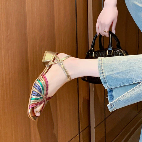 Sonicelife Summer Women Sandals Split Leather Shoes for Women Square Toe Chunky Heel Shoes Fashion Narrow Band Sandals Solid Handmade Shoes