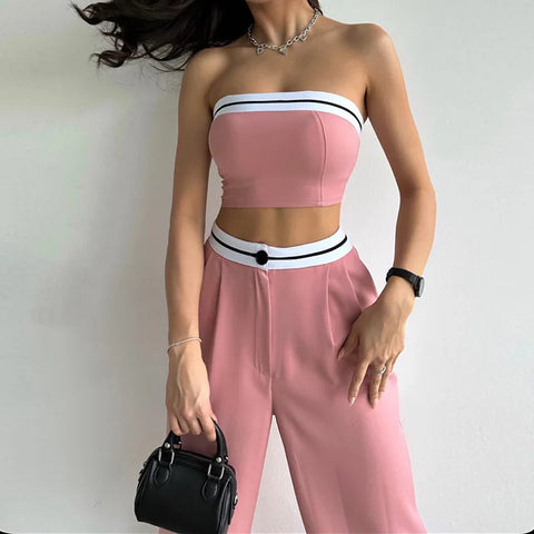 Sonicelife Sleeveless Crop Top and High Waist Wide Leg Trousers Casual Set