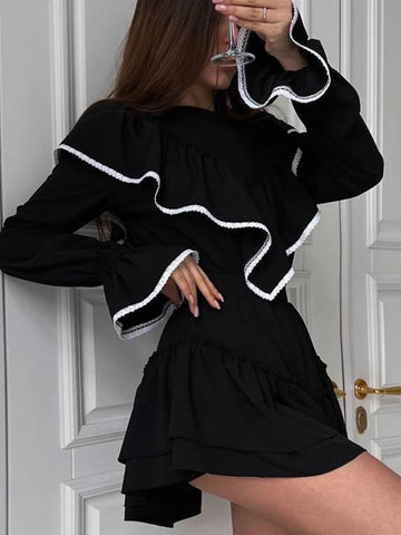 Sonicelife hoco dresses Aynaray 2024 Autumn Winter Women Sweet Mini Dress Solid Black Long Sleeve Elegant Ruffle Flare Dress Female