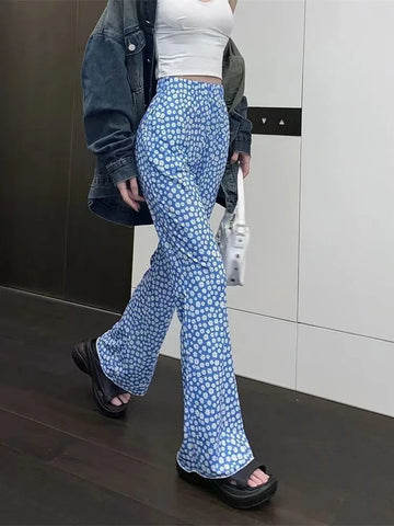 Sonicelife Korean Summer Daisy Floral Print Blue Pants Y2k E-Girl High Waist Thin Flare  2024 New Loose Wide Leg  Women