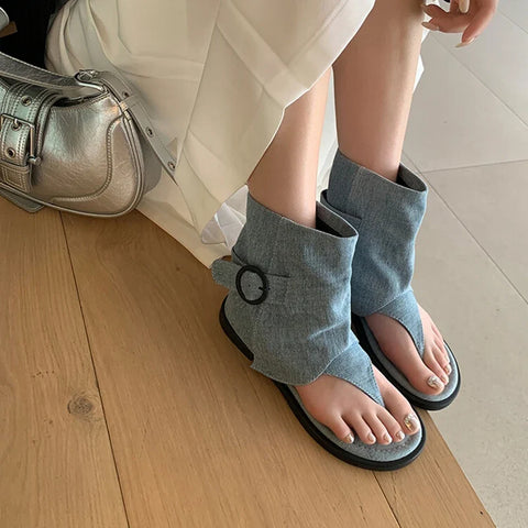 Sonicelife NEW Summer Boots Open Toe Low Heel Women Sandals Cotton Fabric Shoes for Women Pinch Toe Cool Boots Casual Belt Buckle Shoes