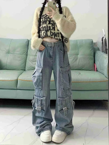 Sonicelife American Style Street Pocket Denim Cargo Pants Y2k E-Girl High Waist Jeans for Women 2024 Summer New Loose Wide Leg