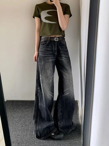 Sonicelife American Vintage Straight Jeans for Women 2024 Sumemr New Denim Cargo Pants  Y2k E-Girl High Waist Loose Wide Leg