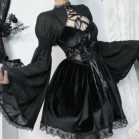 Sonicelife Women's Gothic Tops Trendy Party Slim Flare Design Cardigan Women Dark Gothic Bow Embellished Lace Blouse Jacket