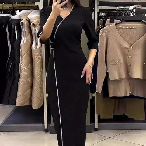 Sonicelife Dress Women Black Party Long Dresses Diamond V Neck Full Sleeve Split Elegant Splice Hot Drilling Vestidos Night 2024 Spring