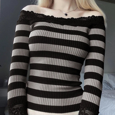 Sonicelife 2024 Fall Fashion Vintage Y2K Striped Lace Sweater T-shirt Coquette Grunge Slim Fit Long Sleeve Tees Retro Cottage Kawaii Off Shoulder Crop Tops