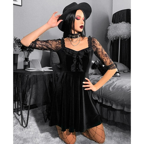 Sonicelife Women's Gothic Directional Design Dress 2024 New Dark Style Lace Splicing Lace Short Women's Dresses