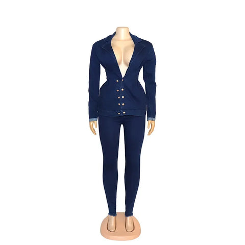 Sonicelife Casual Denim Jeans 2 Piece Set Suit Women Denim Two Pieces Set V-Neck Long Sleeve Jeans Top&Long Pants Slim Tracksuit Outfits