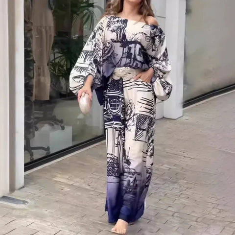 Sonicelife Pant Sets Women Two Piece Set Print Long Bat Sleeve Loose Casual Elegant Splice Oblique Shoulder Tops Wide Leg Long Pants