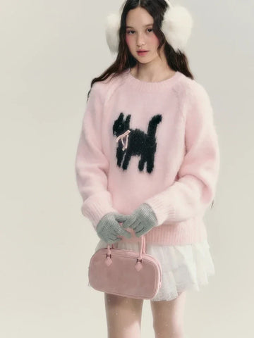 Black Friday Sonicelife Y2k Pink Cat Knitted Pullovers Bow Kitty Graphic Raglan Sleeve Ribbed Sweater Women Sweet Girl Cutecore Winter Clothes