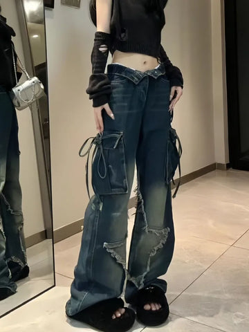 Sonicelife American Retro Street Five Pointed Star Pocket Jeans Y2k High Waist Loose Wide Leg Pants  2024 New Straight Denim