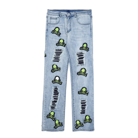 Sonicelife Goth Skull Embroidery Ripped Jeans for Men High Street Vintage Hip Hop Skinny Jeans Men Clothing Casual Mens Jeans Pants