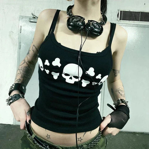 Sonicelife Y2K Cyber Edgy Techno Tank Vest E girl Gothic Skull Print Black Camisole Vintage Dark Academia Grunge Sleeveless Crop Tops Women