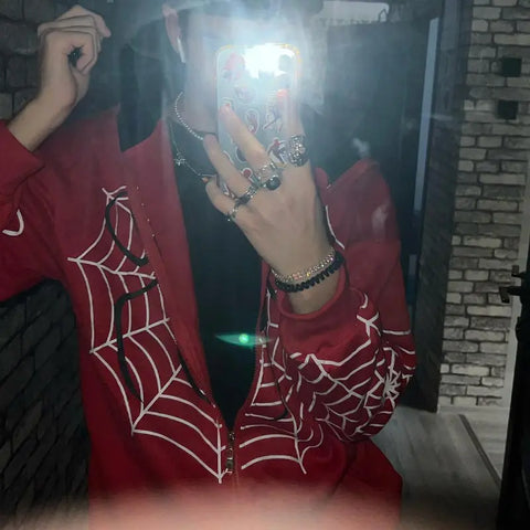 Back To School Sonicelife Y2k Spider Web Graphic Red Warm Hoodies Harajuku Vintage Grunge Zip Up Hoodie Unisex Gothic Loose Sweatshirt Jacket Men Clothing