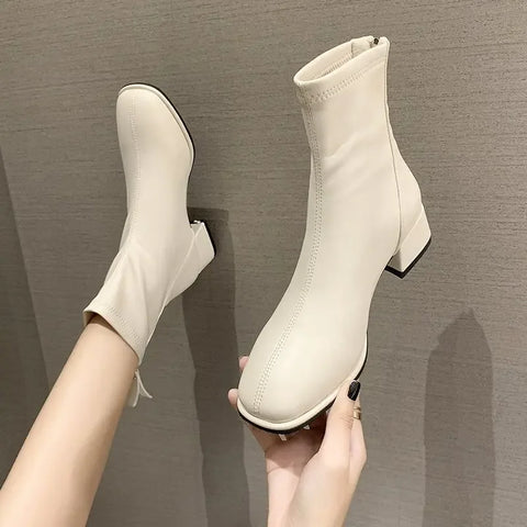 Sonicelife Elastic Socks Boots Fashion Ankle Boots Women High Heel Thicks Heel Square Toe Short Boots Women Retro  Ladies Shoes 2024