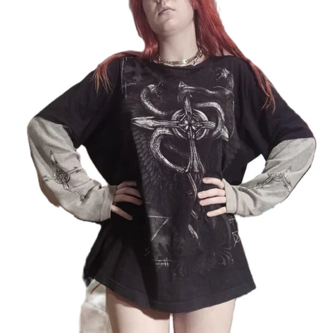 Sonicelife 00s Vintage Emo Y2K Cyber Grunge T-shirt E Girl Gothic Baggy Layered Tee Patchwork Long Sleeved Pullovers Top Skater Streetwear