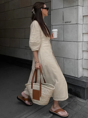 Sonicelife 2024 Summer Autumn Solid Khaki Linen Holiday Shirt Dress V-neck Short Sleeve Midi Dress For Women