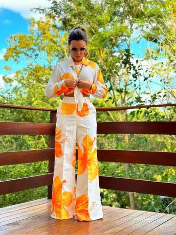 Sonicelife Floral Shirt and Wide Leg Pants Set