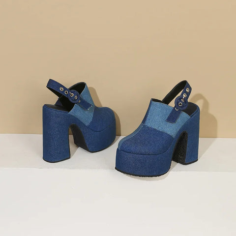 Sonicelife-2024  Women's Summer Fashion denim Color Contrast Platform High Heel Fishbill Shoes European and American Large Size Sandals