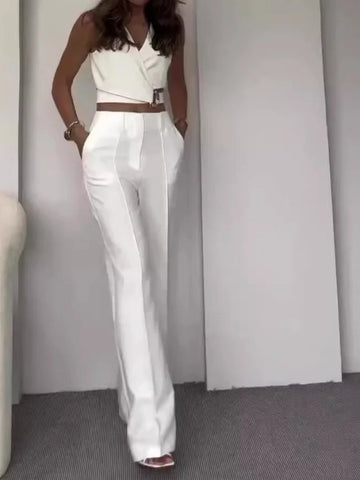 Sonicelife Women Two Piece Pant Sets Slim Fit Sleeveless Vest V Neck High Waist Pants Pockets Solid Regular Elegant Splice Summer
