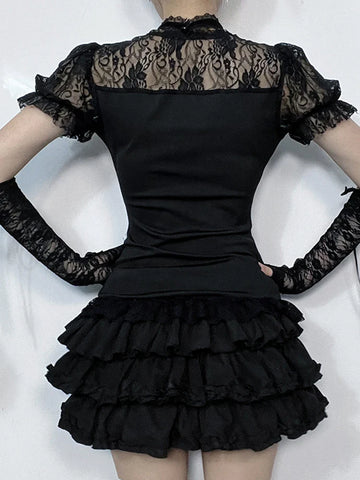 Sonicelife Women's Summer Gothic Top 2024 New Blood Together To Diablo Style Lace Splicing Design Bubble Sleeve Top