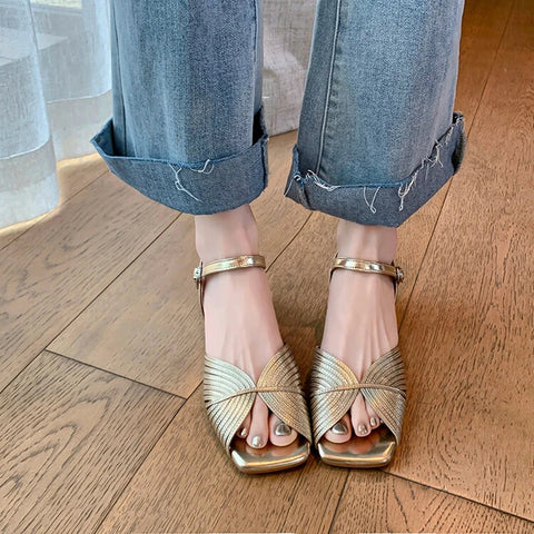 Sonicelife Summer Women Sandals Split Leather Shoes for Women Square Toe Chunky Heel Shoes Fashion Narrow Band Sandals Solid Handmade Shoes