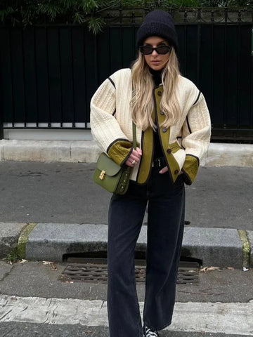 Sonicelife Fashion Contrast Single Breasted Stand Collar Women's Jacket Elegant Pocket Long Sleeve Coats 2024 Autumn Lady Chic Outerwear