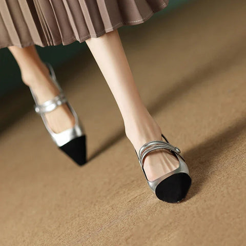 Sonicelife Summer Sandals Women Split Leather Shoes for Women Pointed Toe Slingback Women Shoes Low Heel Golden Shoes sandálias feminina