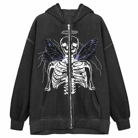 Sonicelife Y2K Aesthetic Zip Up Sweatshirts E-girl Gothic Grunge Emo Skeletons Wings Print Oversized Hoodies Autumn Long Sleeve Coat Top