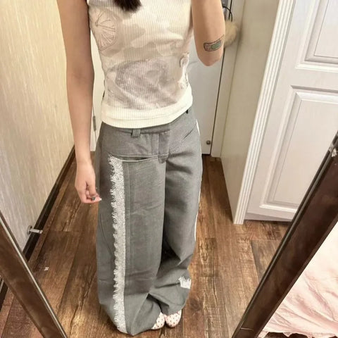 Sonicelife Sweet Lace Patchwork Grey Suit Pants for Women 2024 Fashion New Loose Wide Leg  Y2k High Waist Straight Trousers Mujer