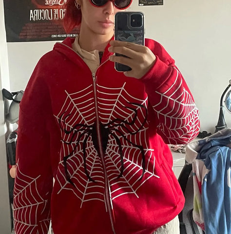 Back To School Sonicelife Y2k Spider Web Graphic Red Warm Hoodies Harajuku Vintage Grunge Zip Up Hoodie Unisex Gothic Loose Sweatshirt Jacket Men Clothing