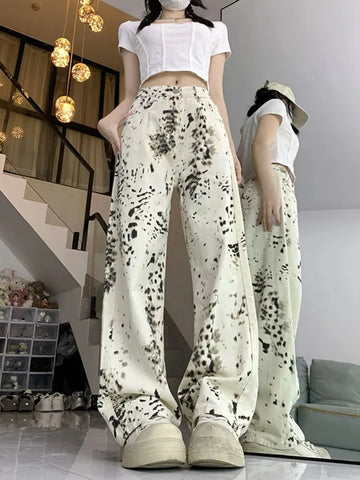 Sonicelife American Retro Leopard Print Jeans for Women Y2k E-Girl High Waist Straight Trousers 2024 Summer New Loose Wide Leg Pants