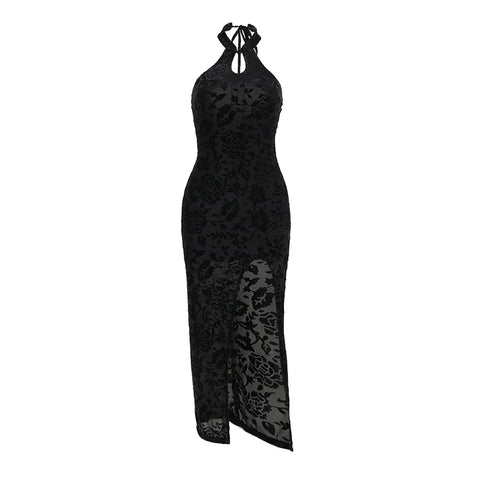 Sonicelife Women's Gothic Summer Long 2024 Elegant New Chinese Flocked Flower Slit Cheongsam Dresses