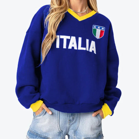 Back To School Sonicelife Y2k Gothic Hip Hop Pullover Hoodies Women Punk V-neck Hooded 2024 Autumn New ITALIA Letter Loose Long Sleeve Oversize Sweatshirt