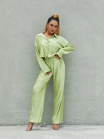 Sonicelife Green Two-Piece Shirt Pants Sets Spring Fall Women Pleated Outfit Long Sleeve Button-down Shirt+Loose High Waist Pants