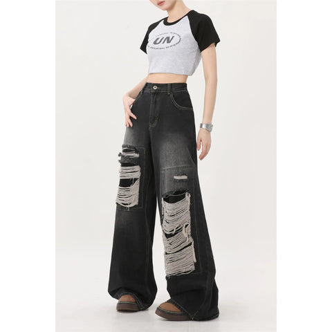 Sonicelife Y2K Korean retro hole repair jeans mens and womens 2023 new American style high street loose straight wide leg mopping trousers